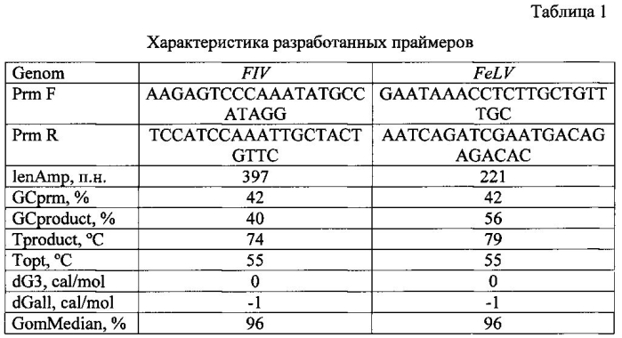 Набор синтетических олигонуклеотидных праймеров и способ его применения для индикации вирусов иммунодефицита и лейкемии кошек в клиническом материале методом мультиплексной полимеразной цепной реакции (патент 2586504)