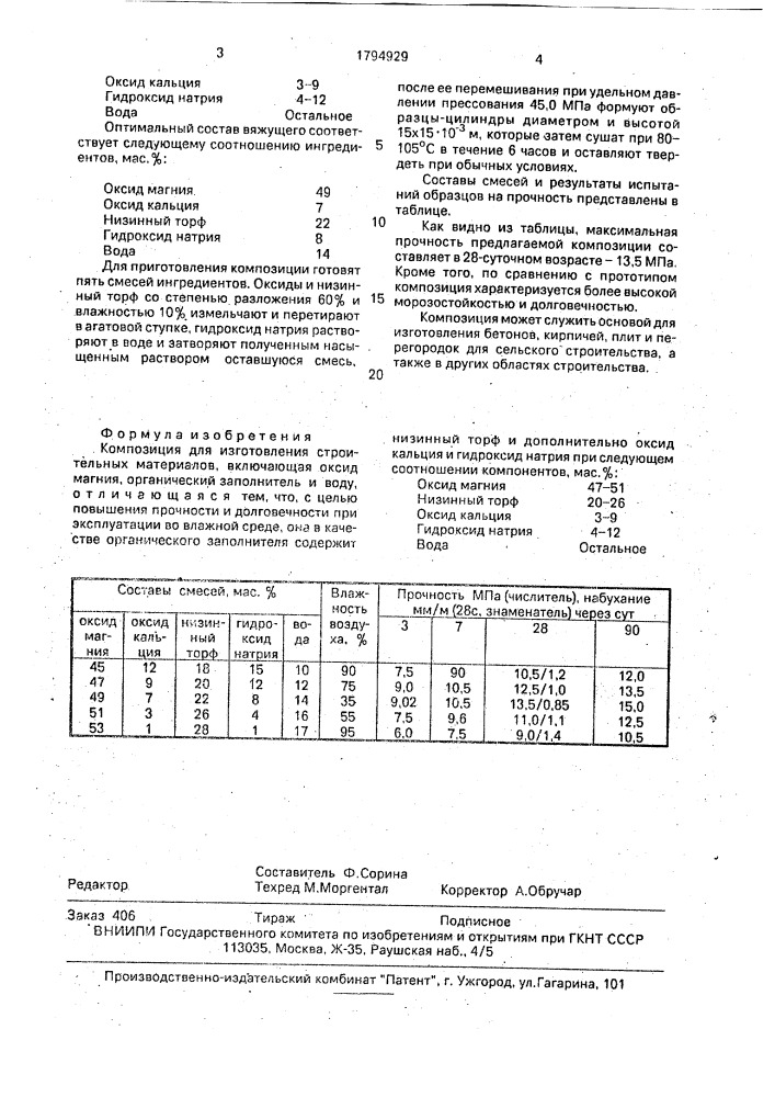 Композиция для изготовления строительных материалов (патент 1794929)