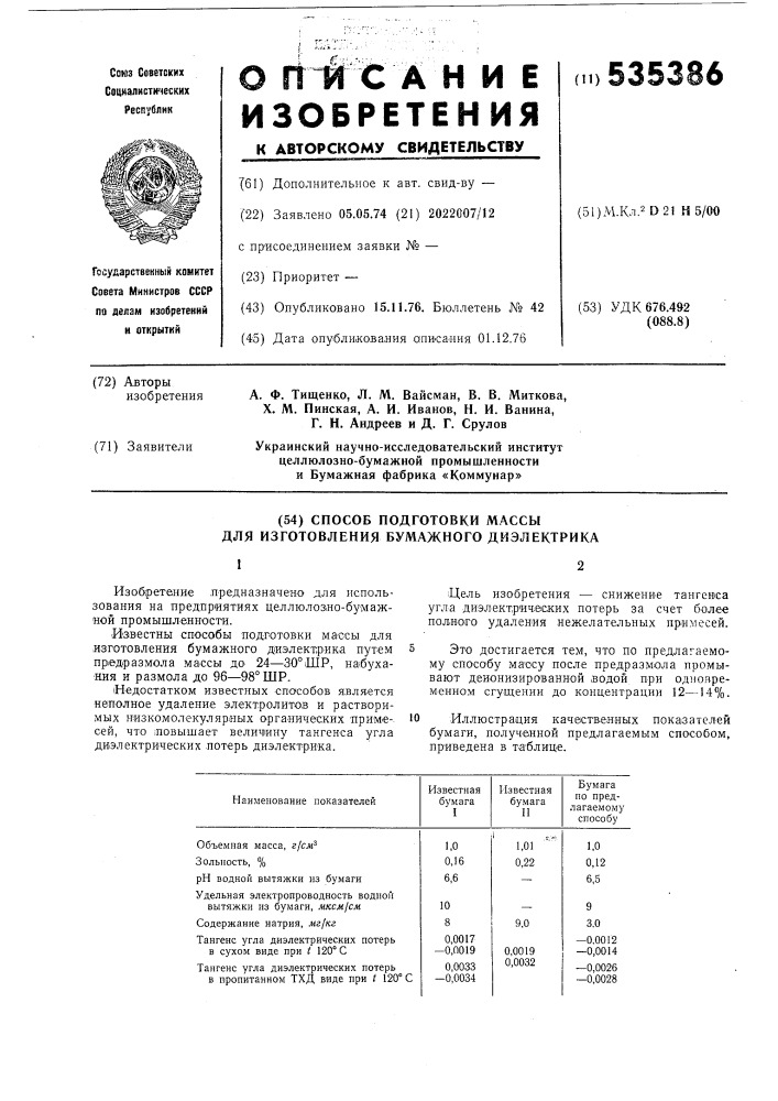 Способ подготовки массы для изготовления бумажного диэлектрика (патент 535386)