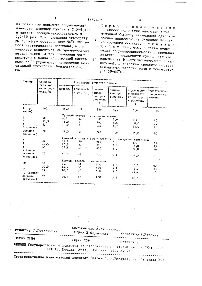 Способ получения влагозащитной мешочной бумаги (патент 1652412)