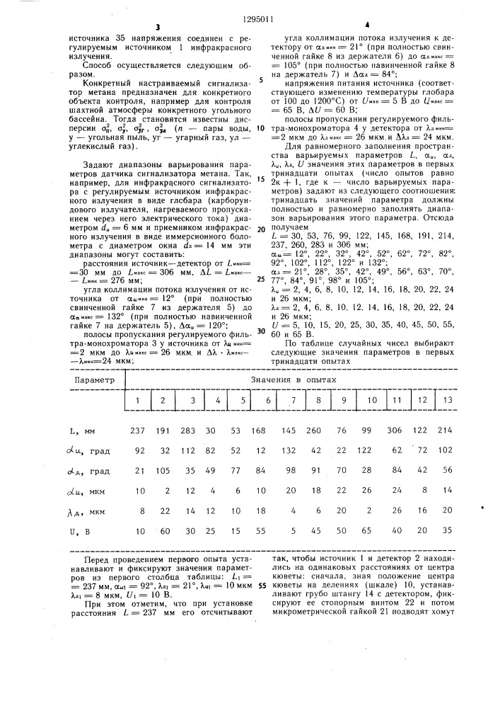 Способ настройки шахтных инфракрасных сигнализаторов метана и устройство для его осуществления (патент 1295011)