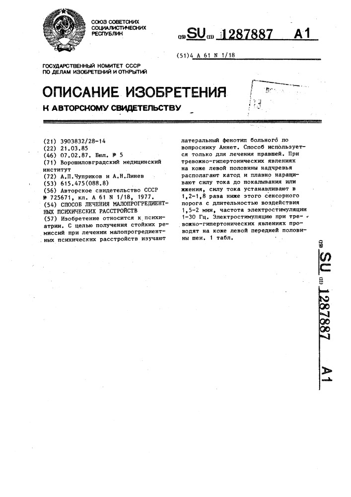 Способ лечения малопрогредиентных психических расстройств (патент 1287887)