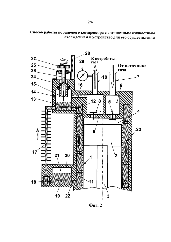 Способ работы поршневого компрессора с автономным жидкостным охлаждением и устройство для его осуществления (патент 2640899)