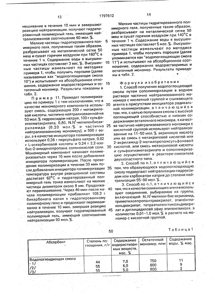 Способ получения водопоглощающей смолы (патент 1797612)