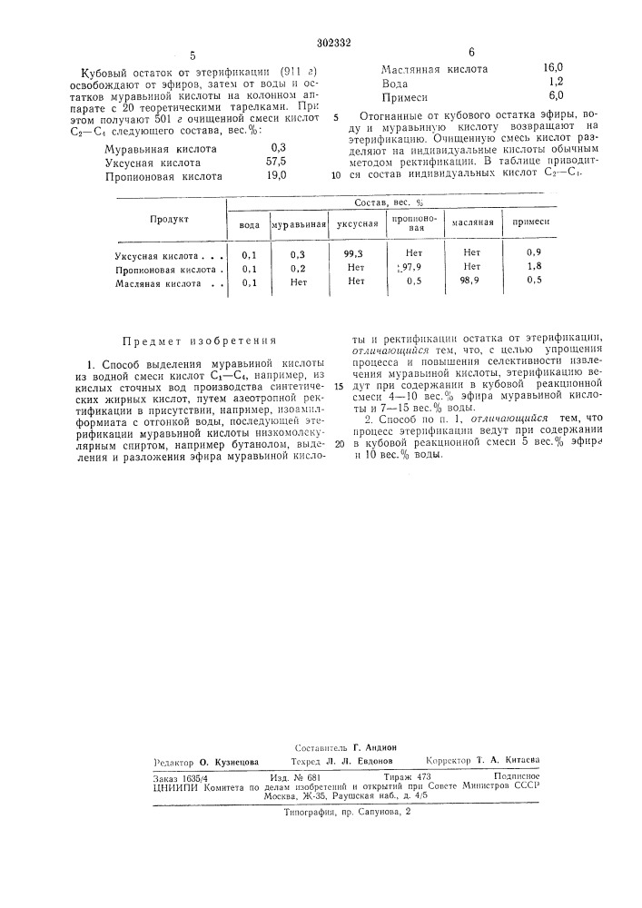 Способ выделения муравьиной кислоты (патент 302332)