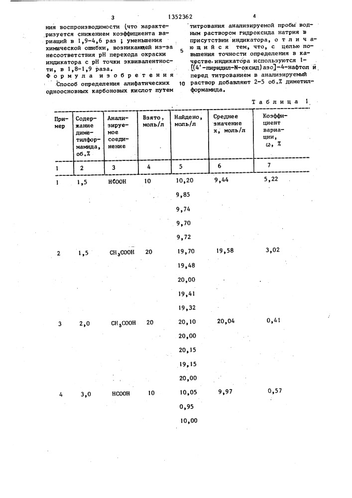 Способ определения алифатических одноосновных карбоновых кислот (патент 1352362)