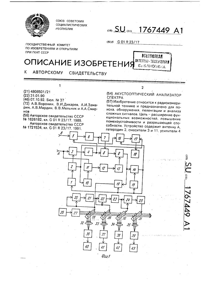 Акустооптический анализатор спектра (патент 1767449)