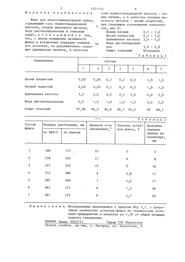 Флюс для низкотемпературной пайки (патент 1351734)