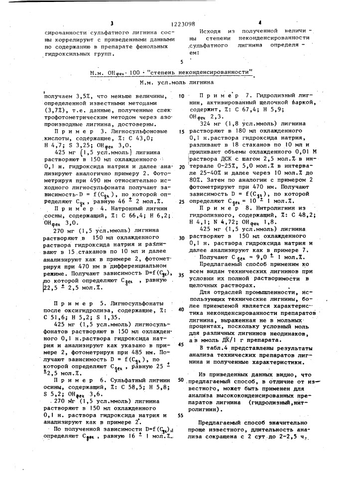 Способ определения содержания пеконденсированных фенольных единиц в лигнинах (патент 1223098)