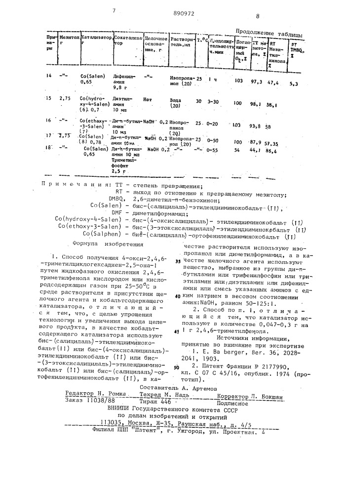 Способ получения 4-окси-2,4,6-триметил-циклогексадиен-2,5- она-1 (патент 890972)