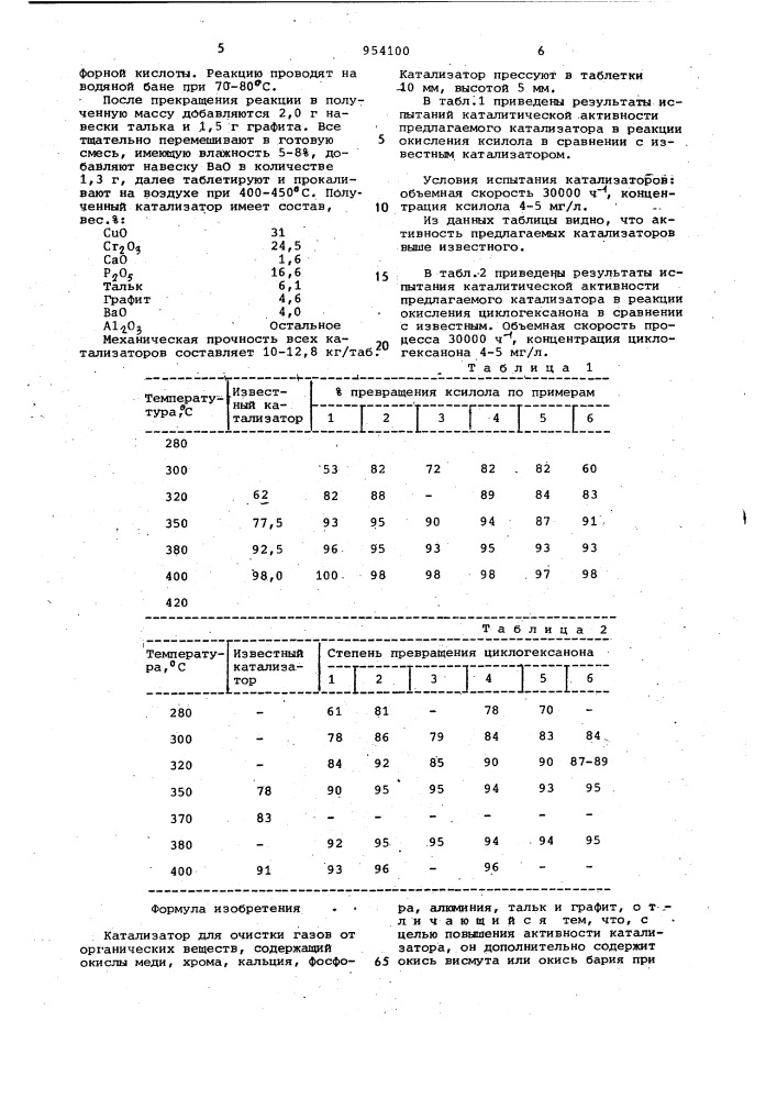 Катализатор для очистки газов от органических веществ (патент 954100)