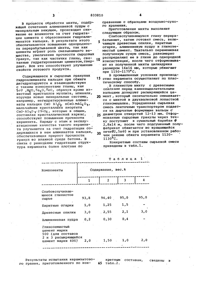 Сырьевая смесь для изготовлениялегкого заполнителя (патент 833810)