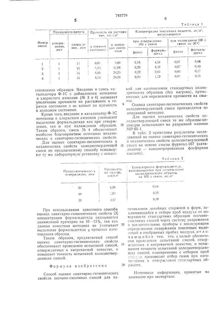 Способ оценки санитарно-гигиенических свойств песчано- смоляных смесей для изготовления литейных стержней и форм (патент 743770)