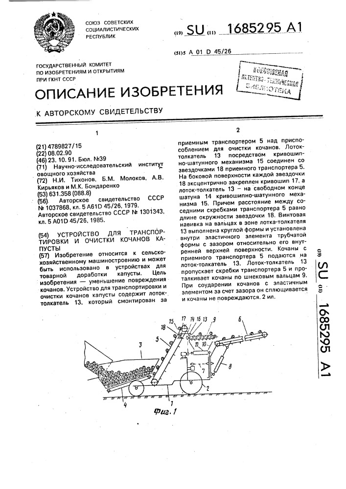 Устройство для транспортировки и очистки кочанов капусты (патент 1685295)