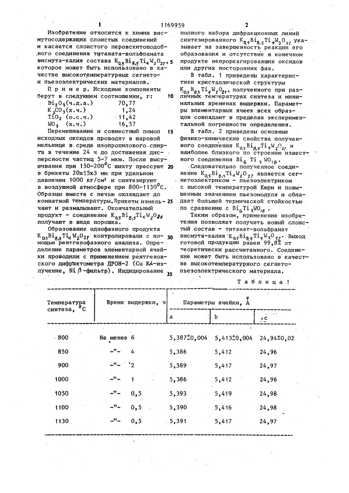 Титанат-вольфрамат висмута-калия в качестве высокотемпературного сегнето-пьезоэлектрического материала (патент 1169959)