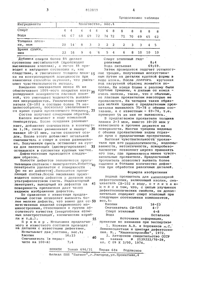 Водный проявитель для капиллярнойдефектоскопии (патент 812819)