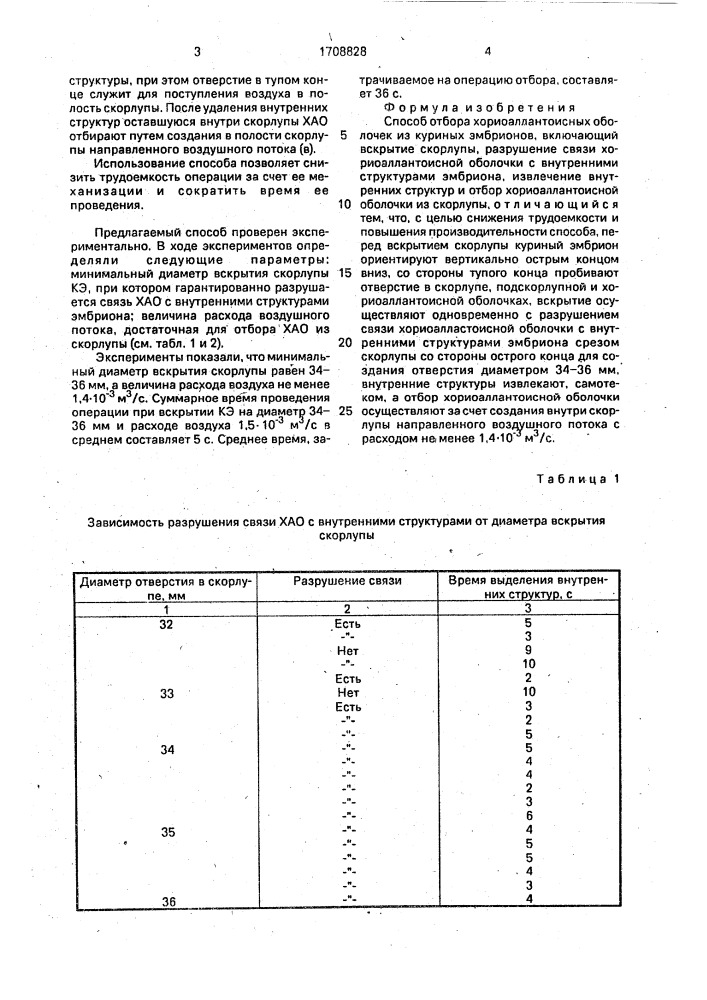 Способ отбора хориоаллантоисных оболочек из куриных эмбрионов (патент 1708828)