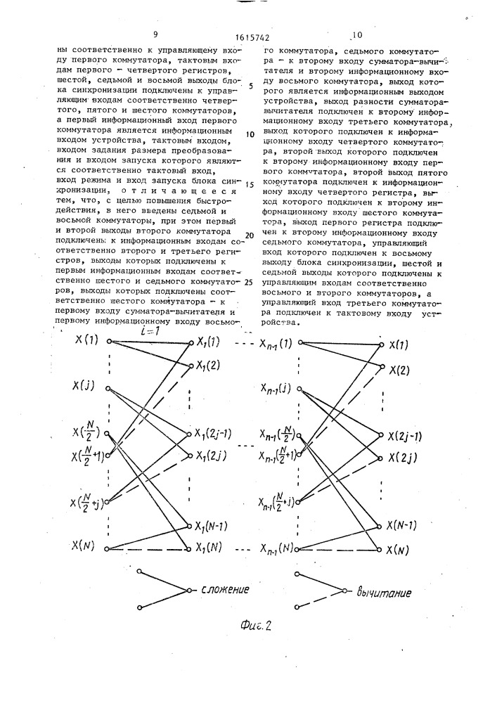Устройство для быстрого ортогонального преобразования цифровых сигналов по уолшу-адамару (патент 1615742)
