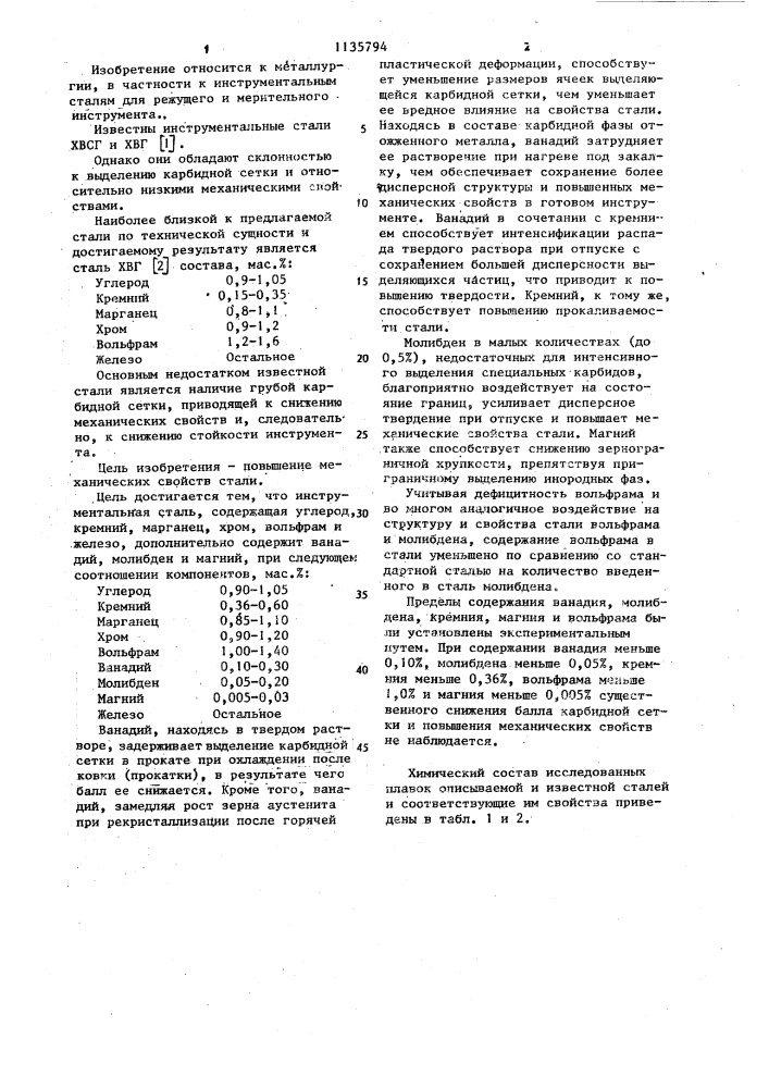 Инструментальная сталь (патент 1135794)