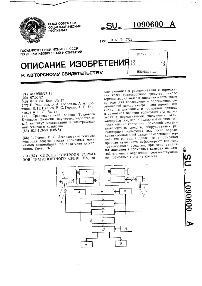Способ контроля тормозов транспортного средства (патент 1090600)