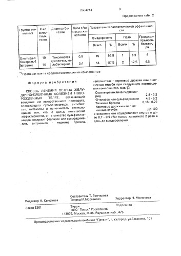 Способ лечения острых желудочно-кишечных болезней новорожденных телят (патент 2004214)