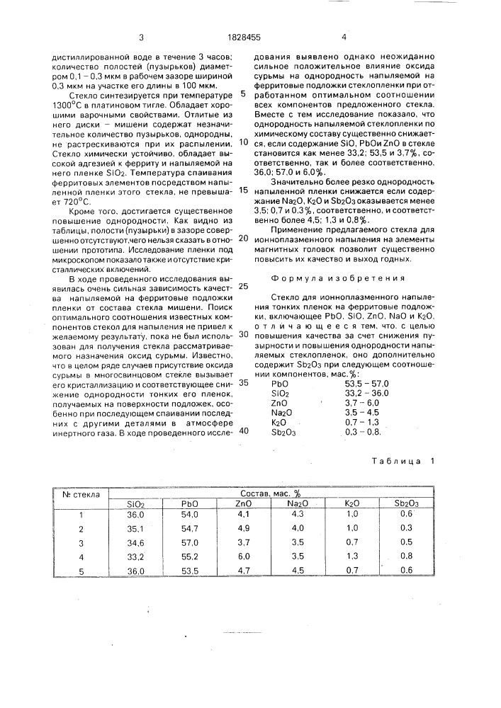 Стекло для ионноплазменного напыления тонких пленок на ферритовые подложки (патент 1828455)