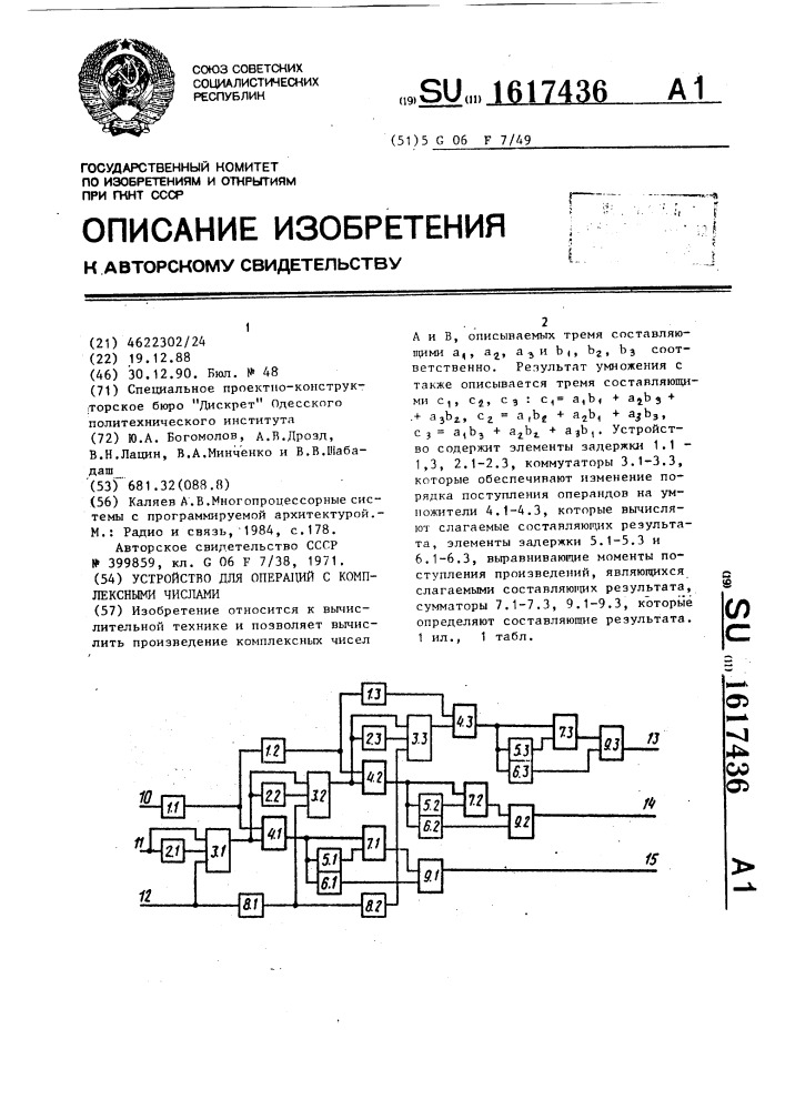 Устройство для операций с комплексными числами (патент 1617436)