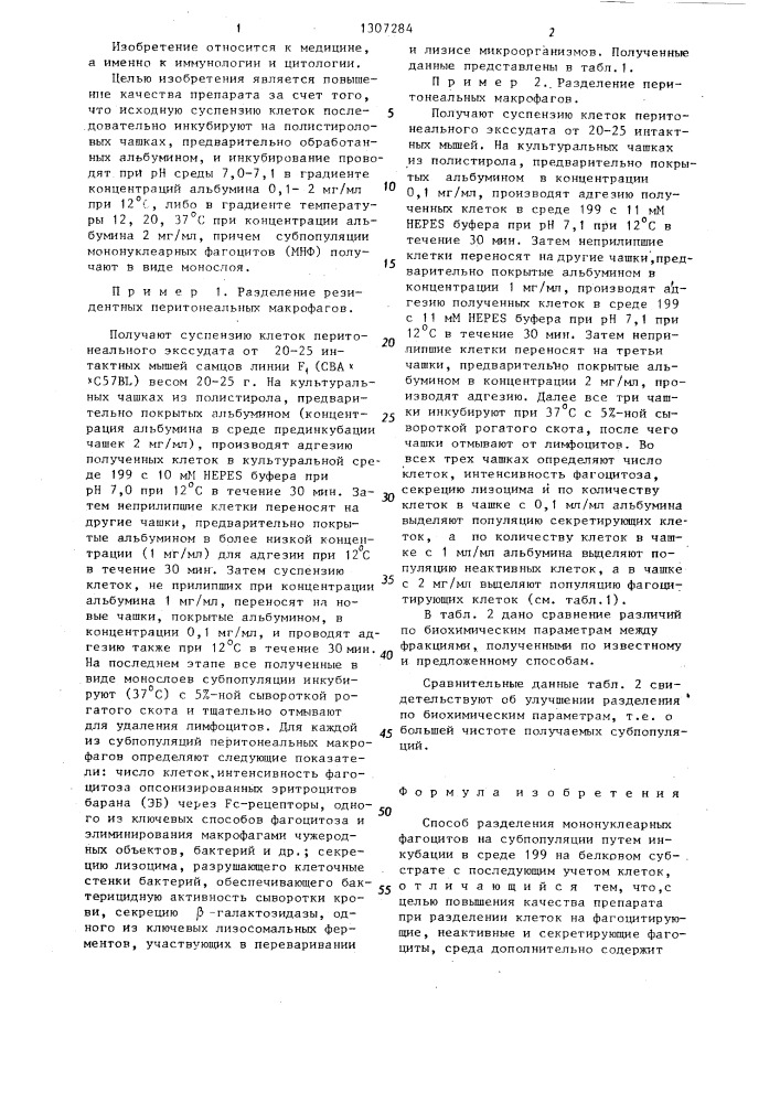 Способ разделения мононуклеарных фагоцитов на субпопуляции (патент 1307284)