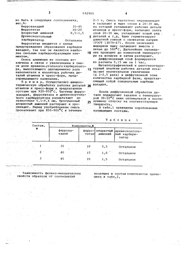 Состав для диффузионного упрочнения рабочих деталей штампов и прессформ (патент 692909)