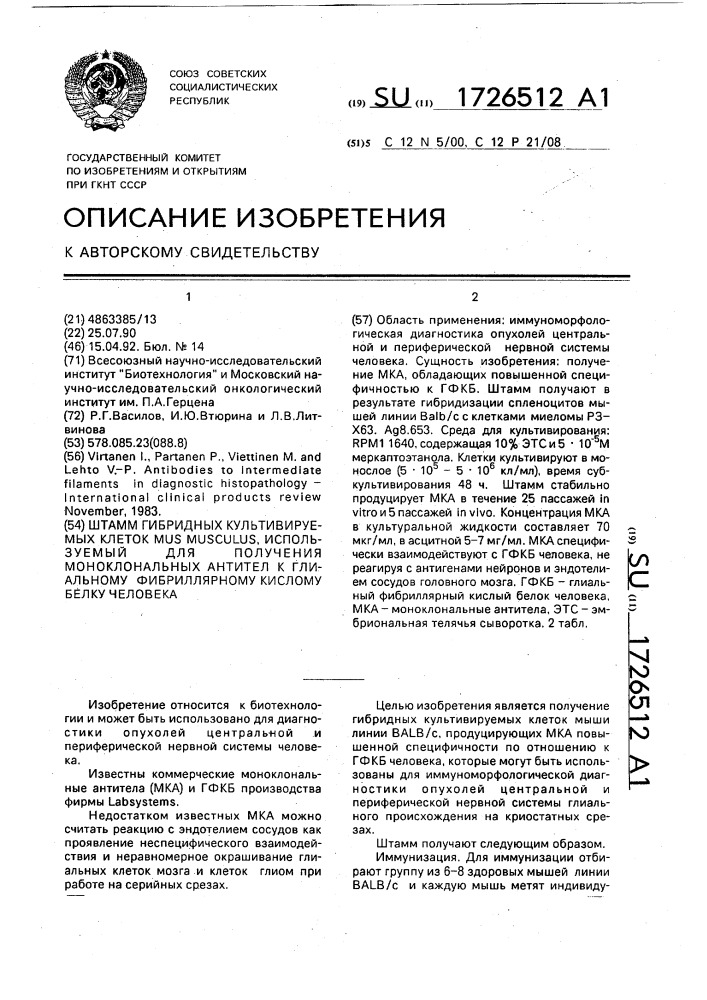 Штамм гибридных культивируемых клеток mus мusсulus, используемый для получения моноклональных антител к глиальному фибриллярному кислому белку человека (патент 1726512)