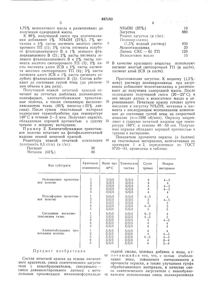 Состав печатной краски (патент 487183)