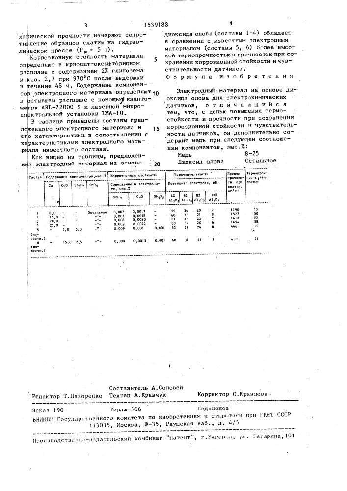 Электродный материал на основе диоксида олова для электрохимических датчиков (патент 1539188)