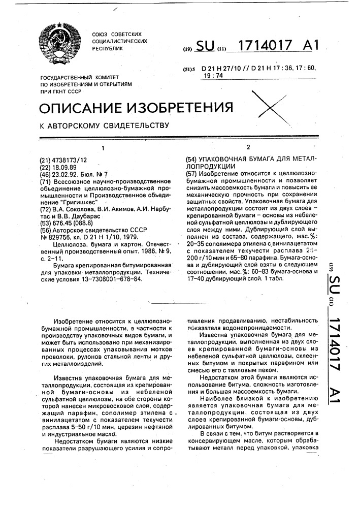 Упаковочная бумага для металлопродукции (патент 1714017)