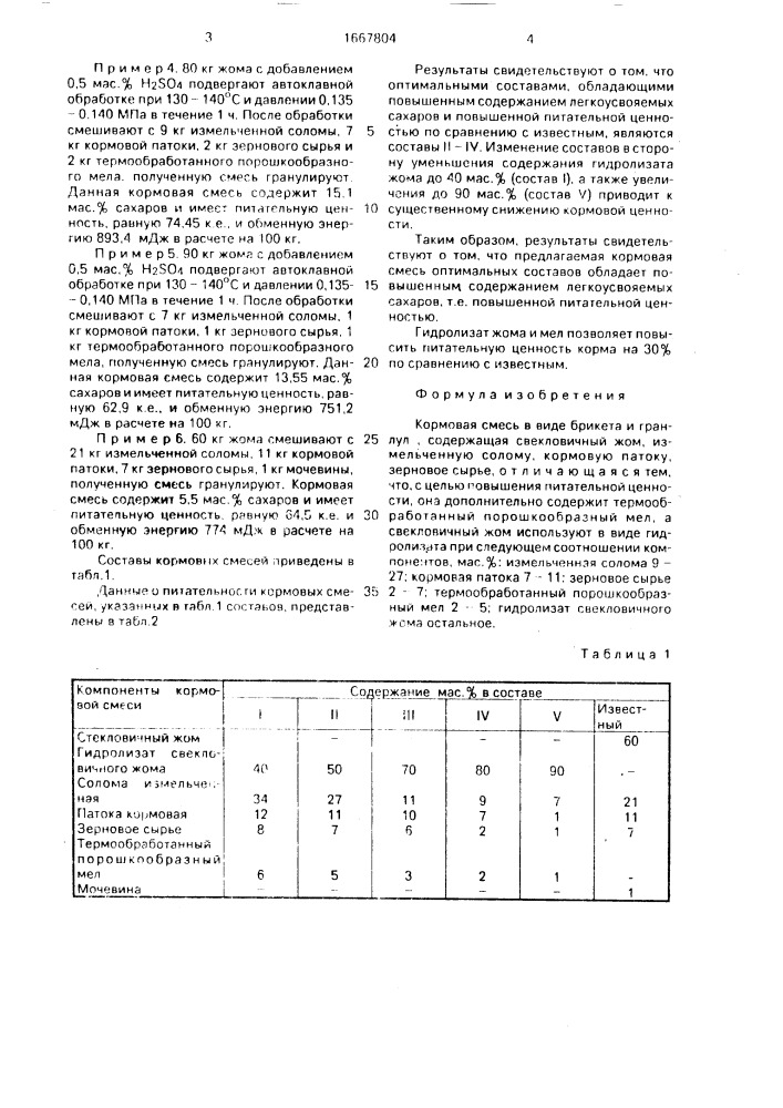 Кормовая смесь в виде брикета и гранул (патент 1667804)