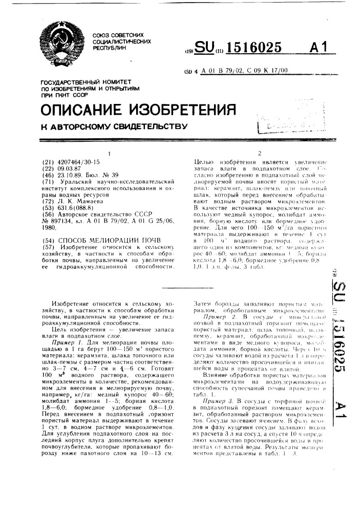 Способ мелиорации почв (патент 1516025)