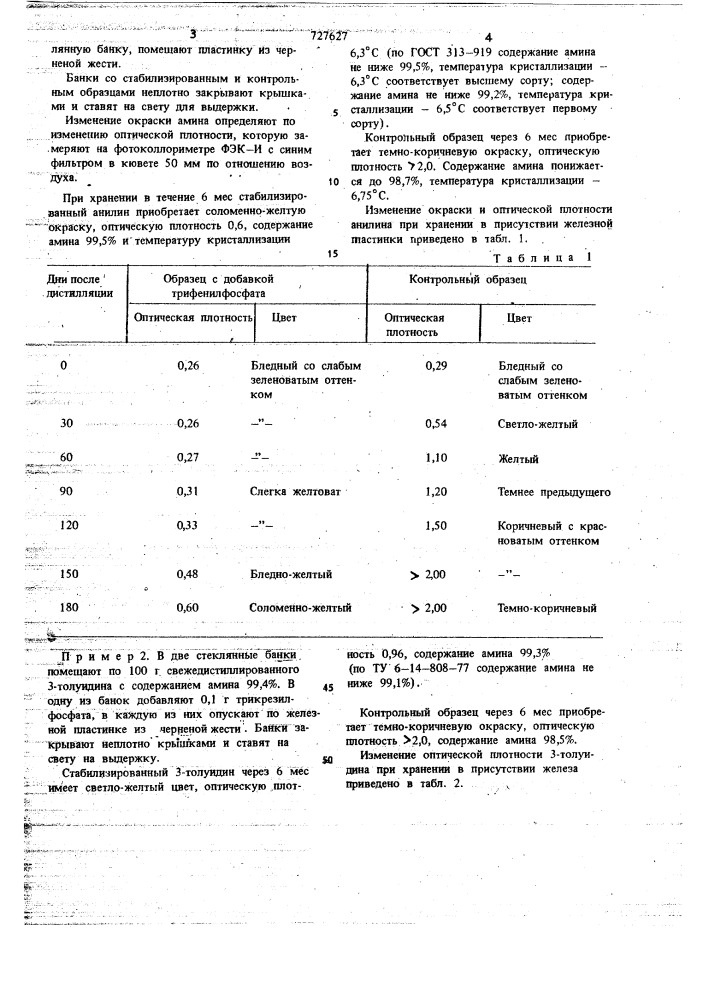 Способ стабилизации ароматических аминов (патент 727627)