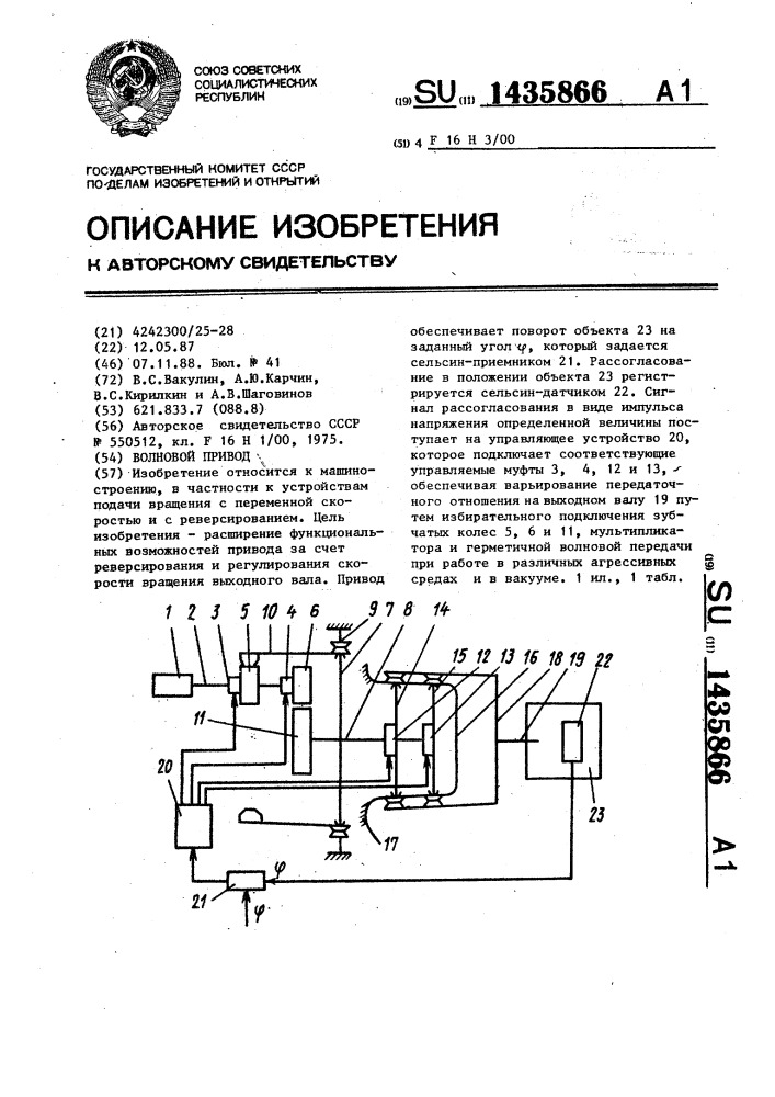 Волновой привод (патент 1435866)