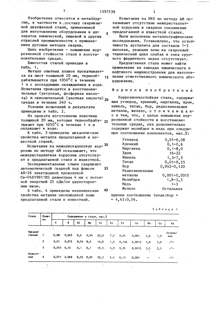 Коррозионностойкая сталь (патент 1397539)