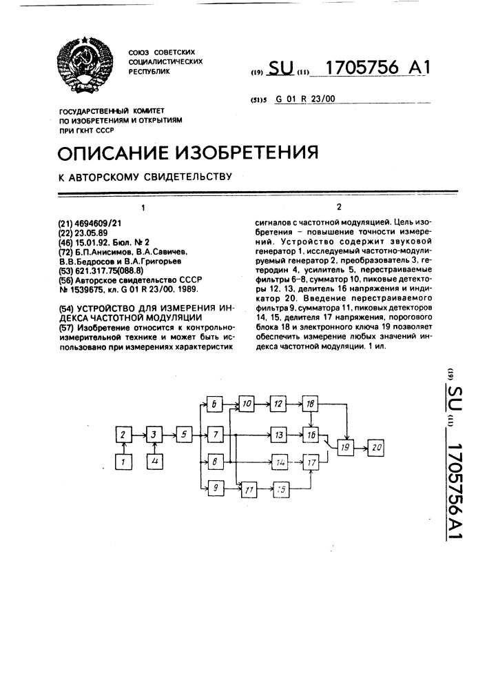Устройство для измерения индекса частотной модуляции (патент 1705756)