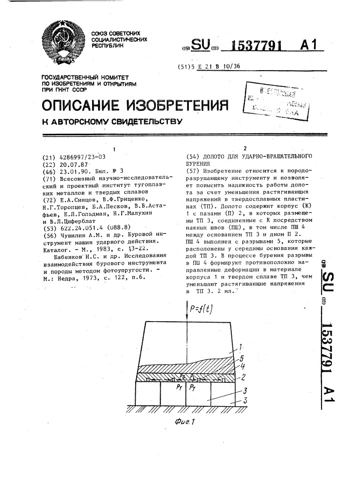 Долото для ударно-вращательного бурения (патент 1537791)