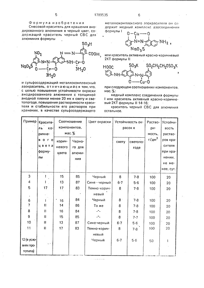 Смесовой краситель для крашения анодированного алюминия в черный цвет (патент 1789535)