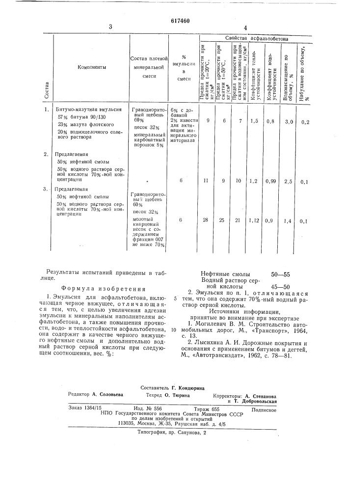 Эмульсия для асфальтобетона (патент 617460)