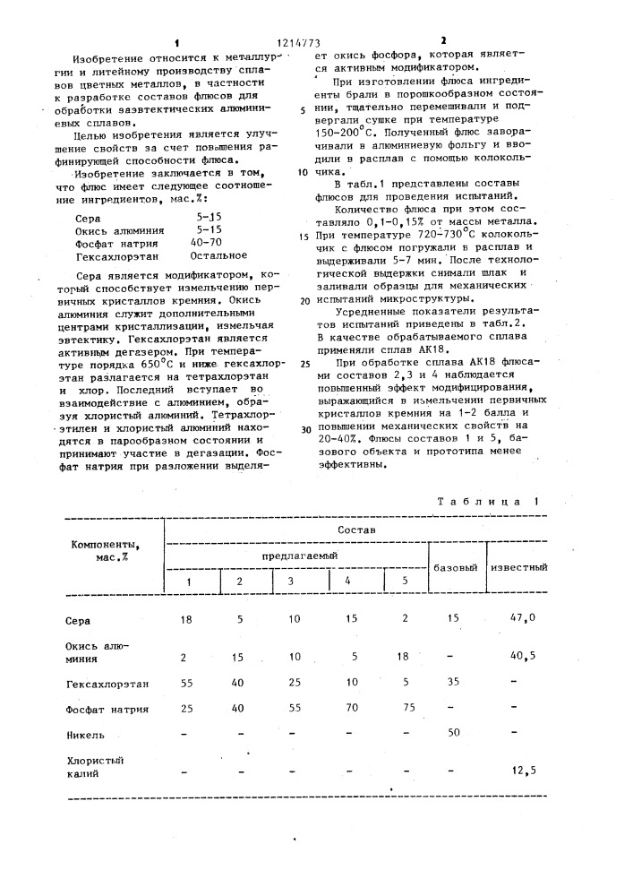 Флюс для обработки заэвтектических алюминиевых сплавов (патент 1214773)