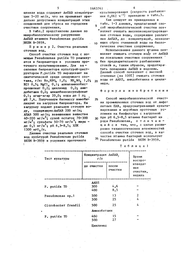 Способ микробиологической очистки промышленных сточных вод от амфолитных пав (патент 1463761)