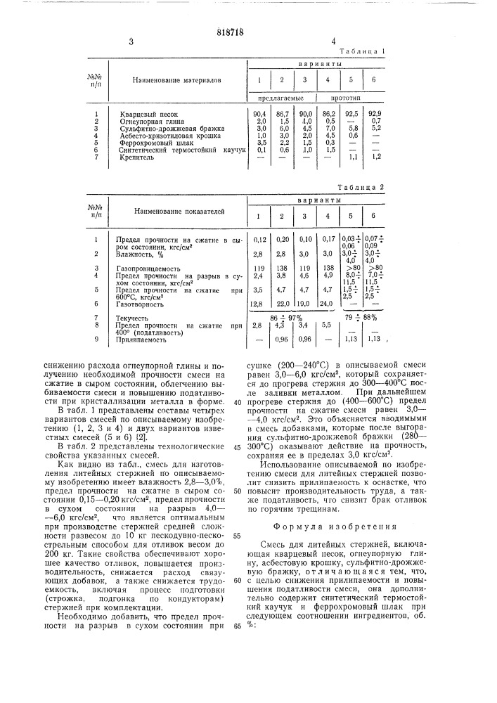 Смесь для литейных стержней (патент 818718)