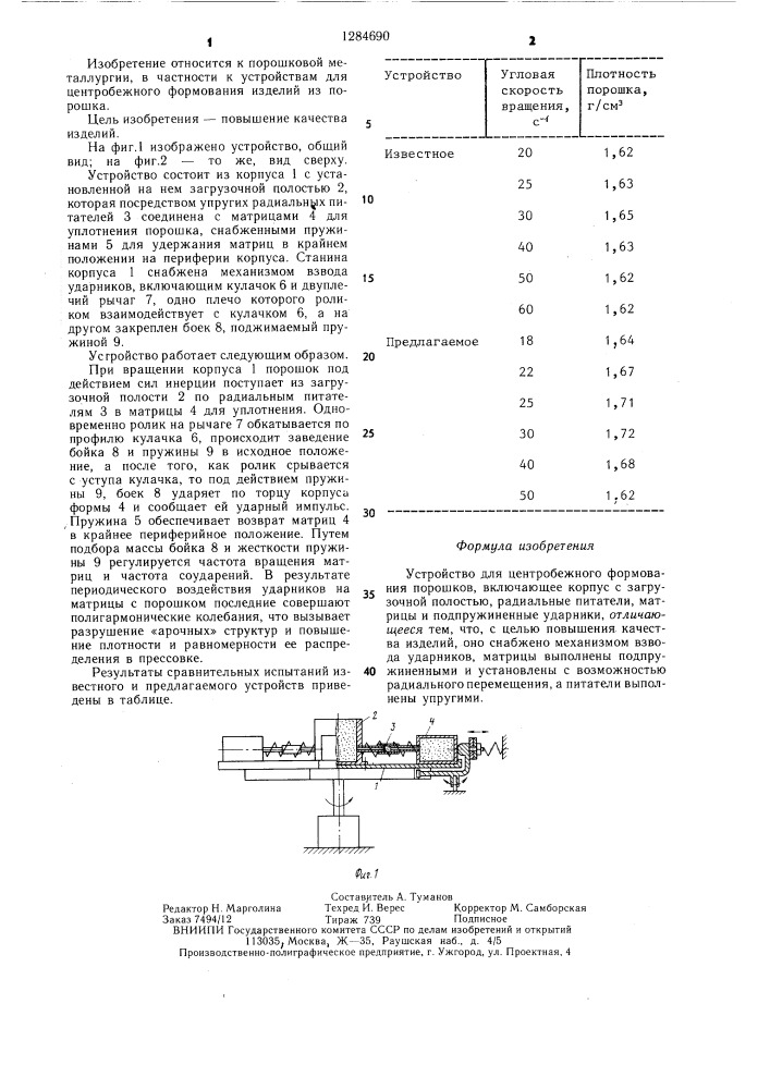 Устройство для центробежного формования порошков (патент 1284690)