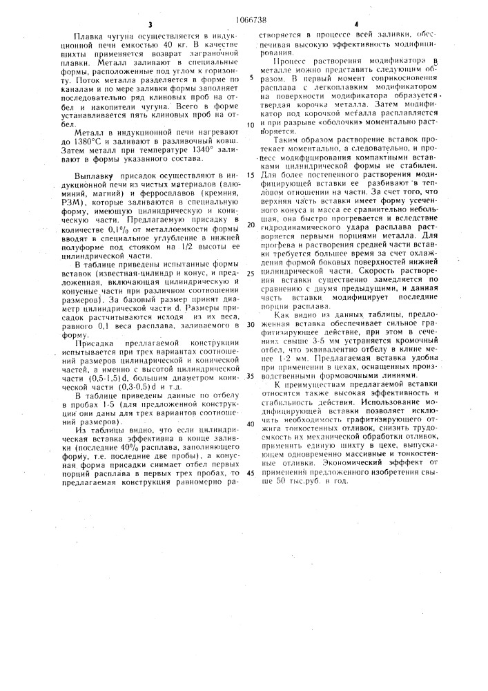 Вставка для модифицирования чугуна в литейной форме (патент 1066738)