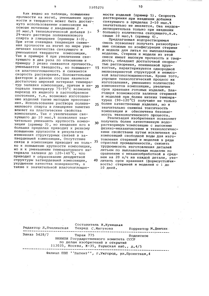 Смесь для изготовления водорастворимых стержней и моделей (патент 1105271)