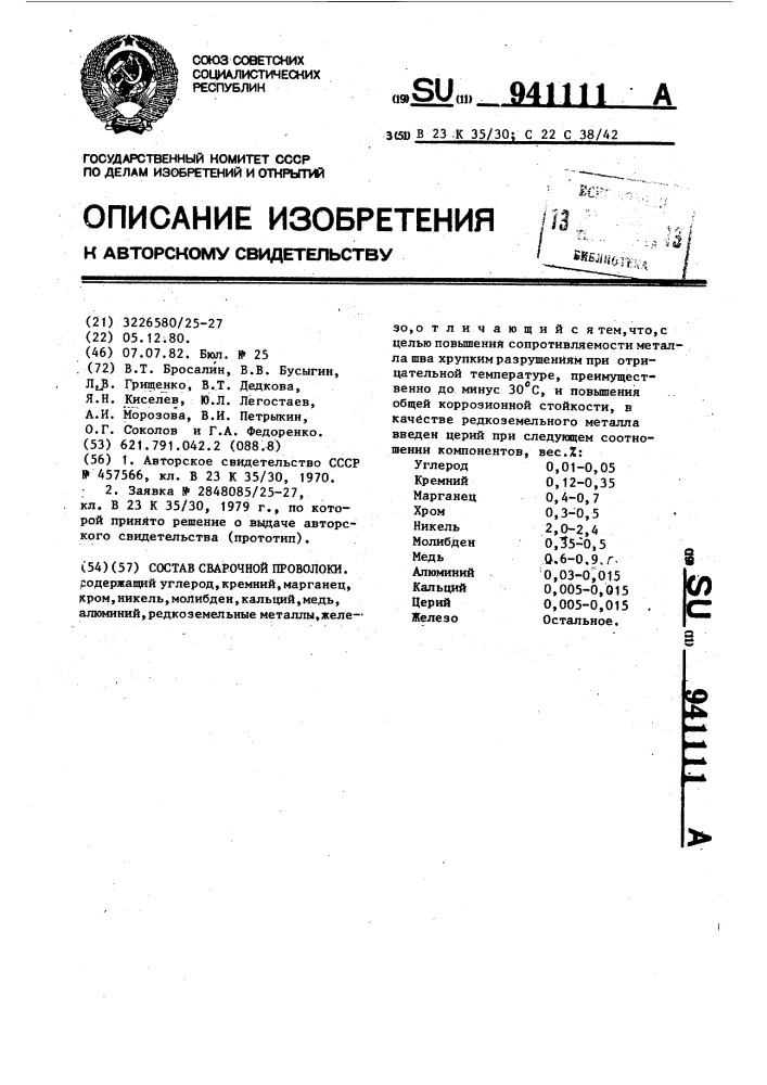 Состав сварочной проволоки (патент 941111)