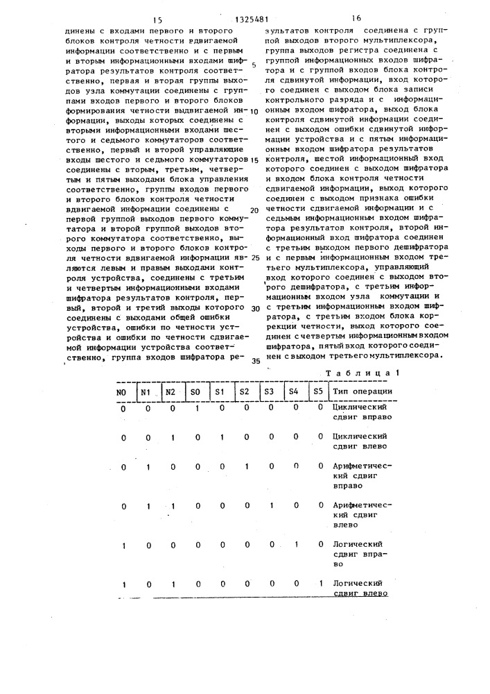 Устройство для сдвига информации с контролем (патент 1325481)